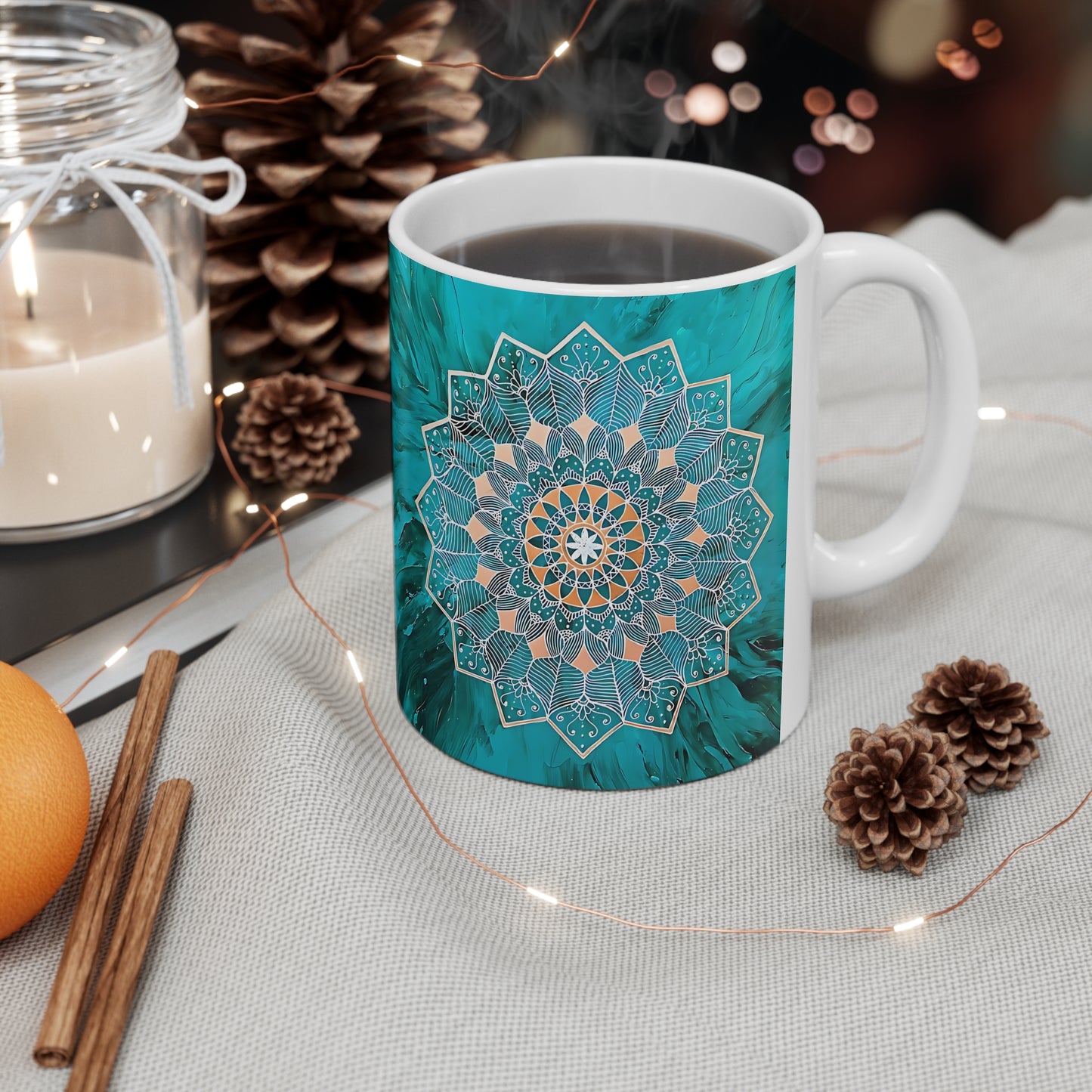 Teal Mandala Ceramic Mug, 11oz