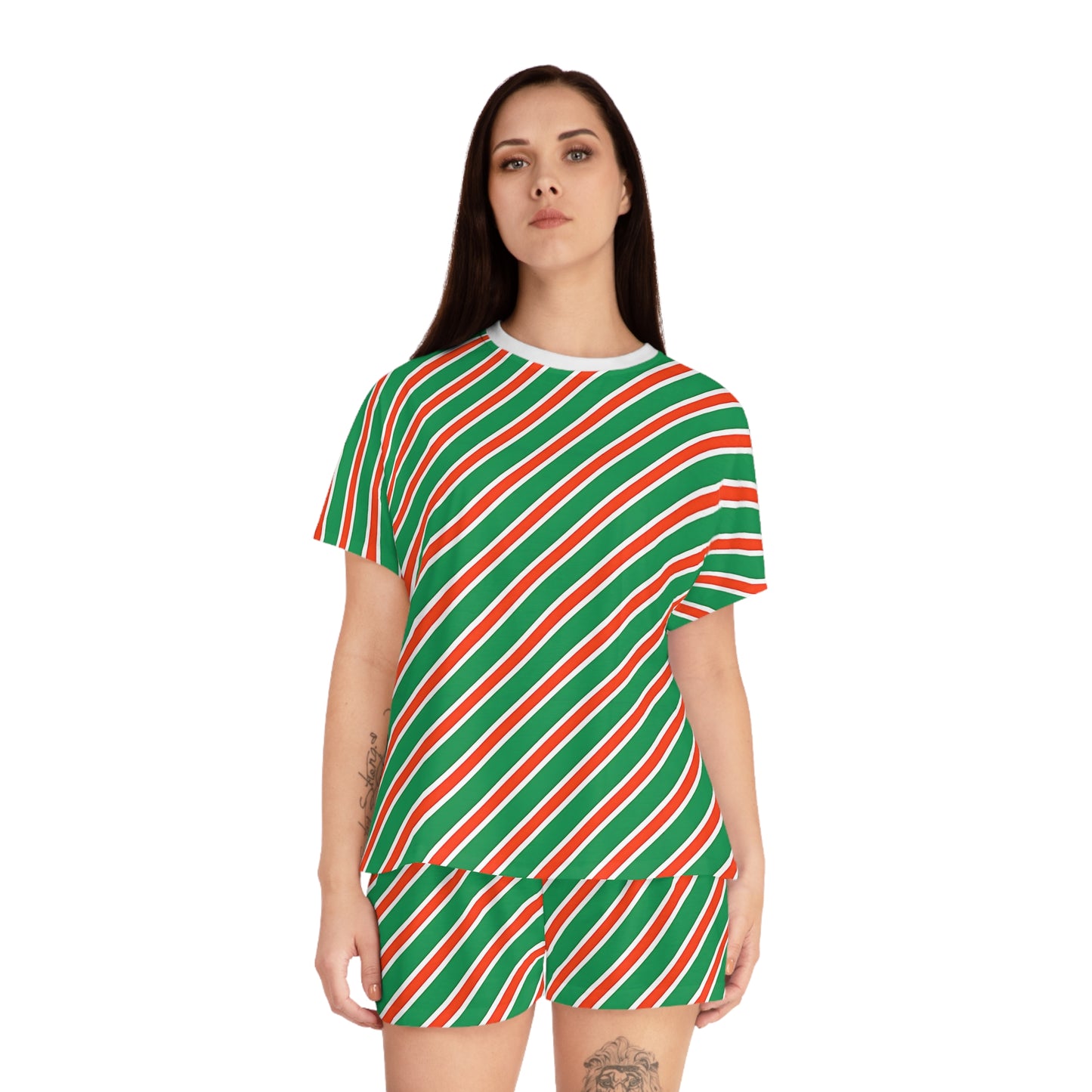 Festive Women’s Short Pajama Set - Holiday Stripes for Cozy Nights