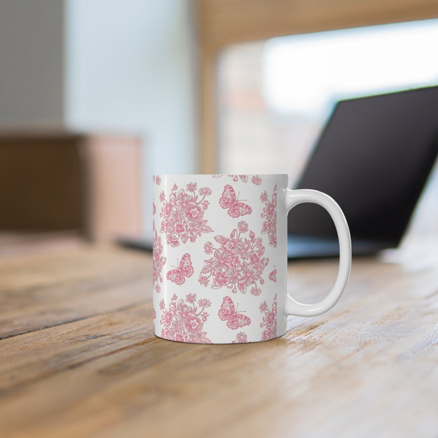 Pink & White Butterfly Ceramic Mug, 11oz